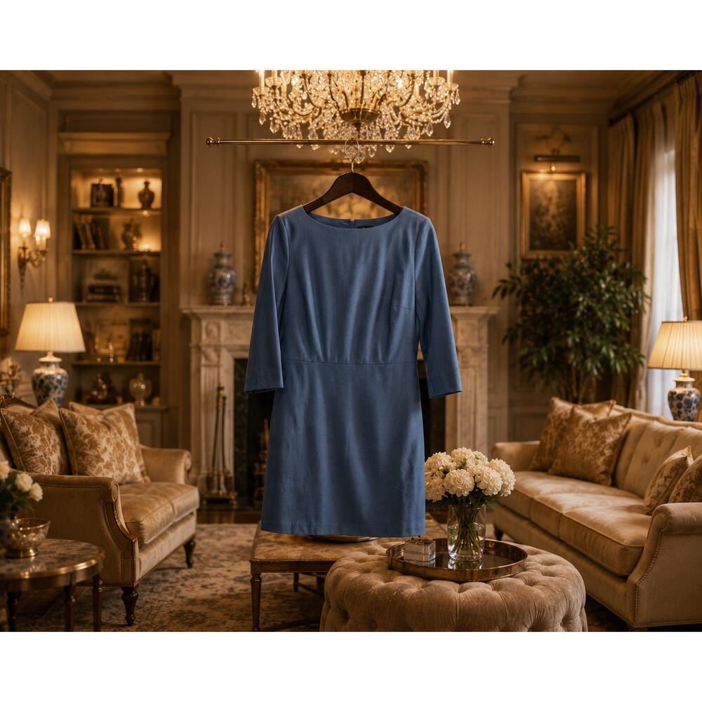 Theory Raneid R Dark Aqua Wool Sheath Dress 3/4 Sleeve Hidden Zip Size 10